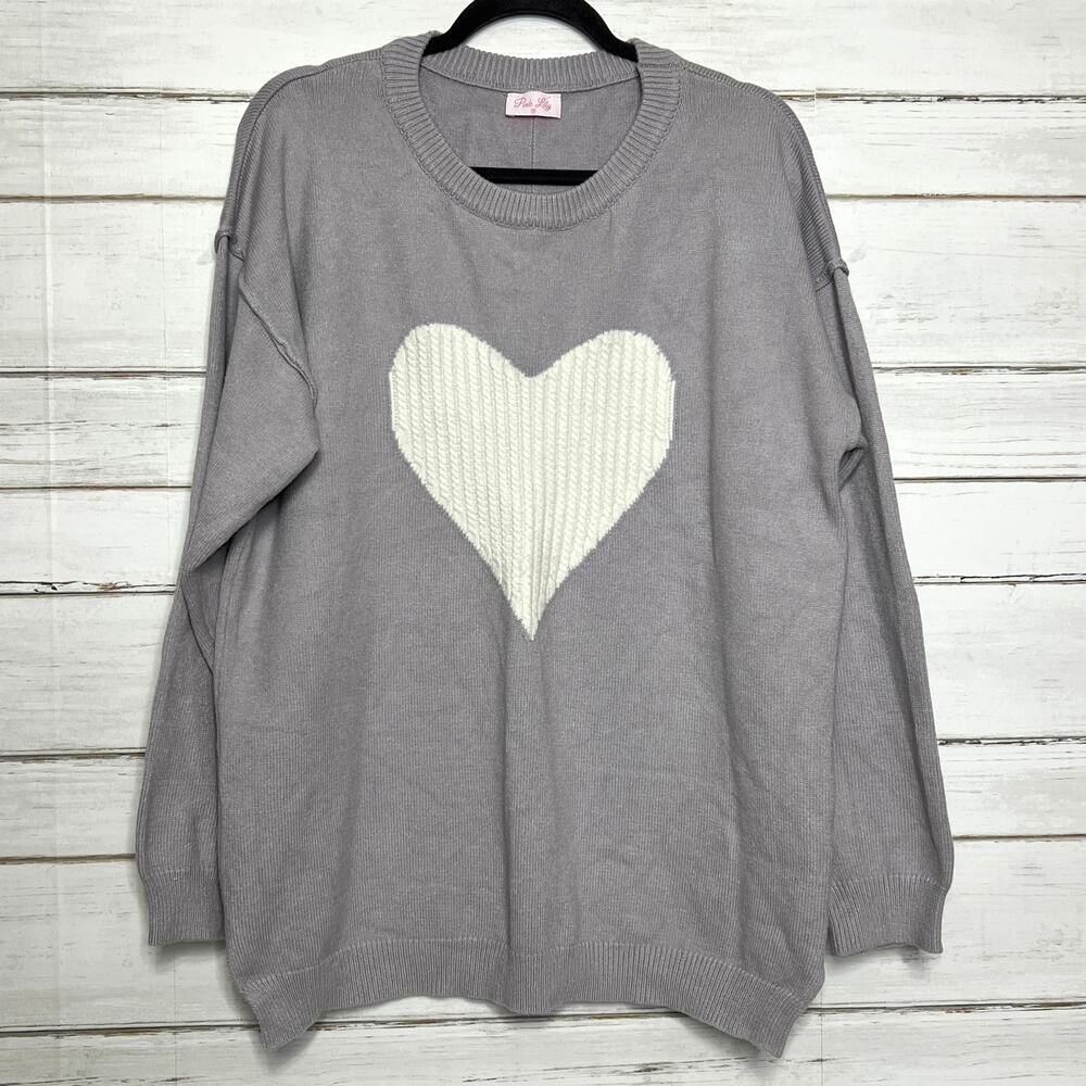 Pink Lily Gray Heart Sweater Oversized Cozy Knit Pullover Size Medium - Picture 2 of 11